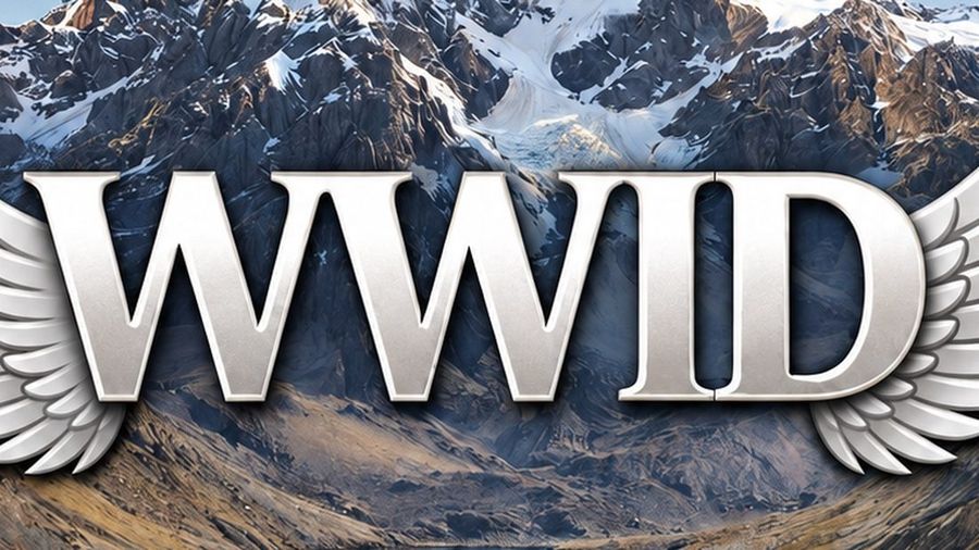 Un acercamiento al emblema de la Fundación What Would Ian Do: el logotipo WWID y sus alas llenando el cuadro sobre un fondo de montañas.